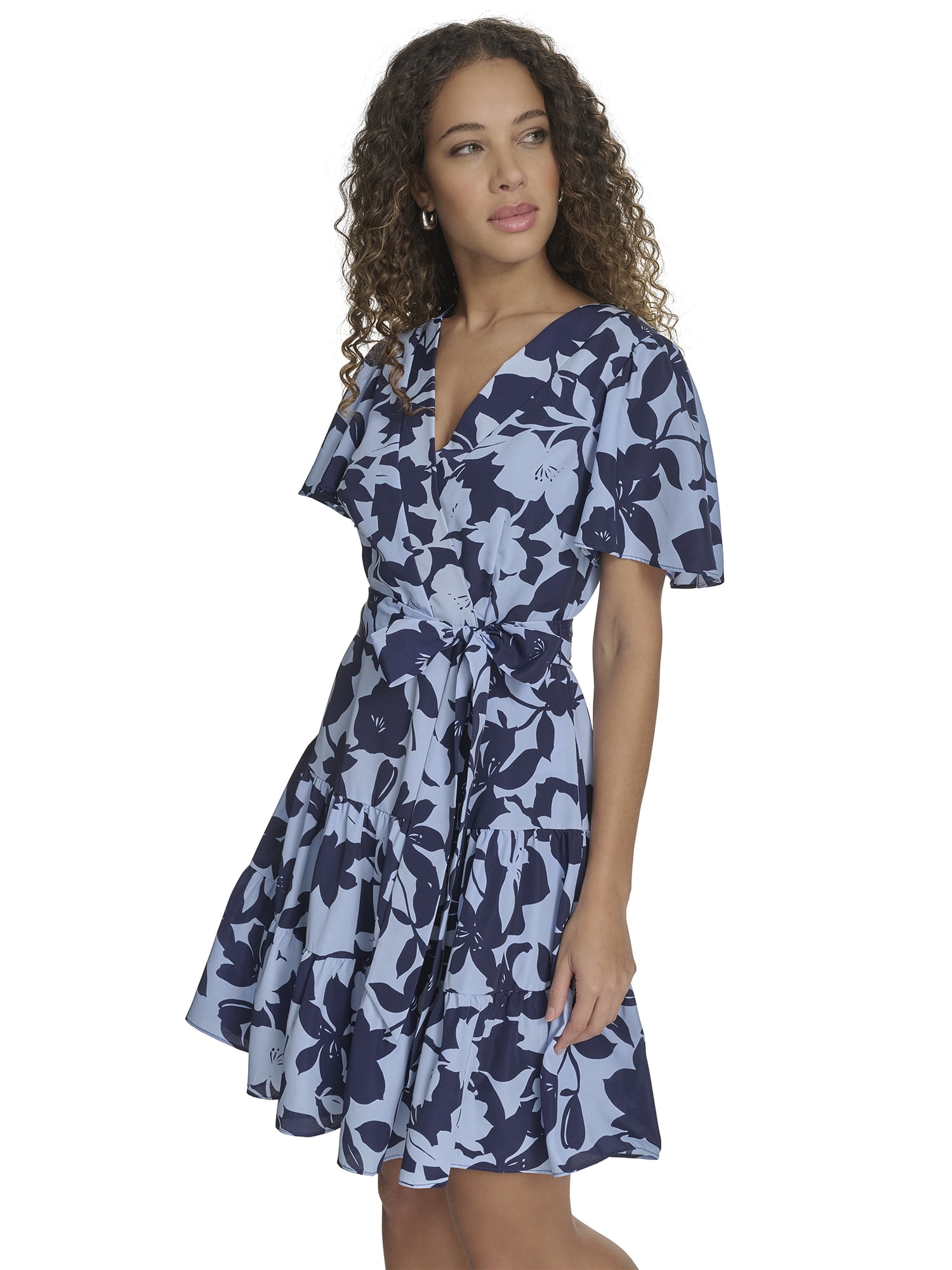 Falling Flowers Women's Floral V-Neck Flutter Sleeve Fit & Flare Dress, Sizes XS-XL