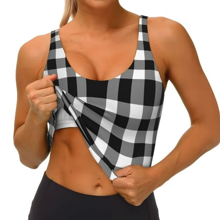 Qokaie White And Black Plaid Pattern Womens Scoop Neck Sports Bra Breathable Workout Vest Padded U Back Medium Impact Fitness Gym Yoga Bra Workout Crop Top