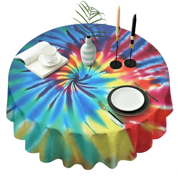 Colorful Rainbow Tie Dye Spiral Pattern Round Tablecloth 60"x60",Wrinkle Wipeable Table Cloth for Kitchen Dining Room Picnic Patio Party
