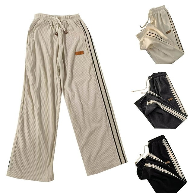 FRSASU Men's Spring Side Striped Loose Straight Sports Pants Elastic Waist Drawstring Baggy Pants with Pockets Gray