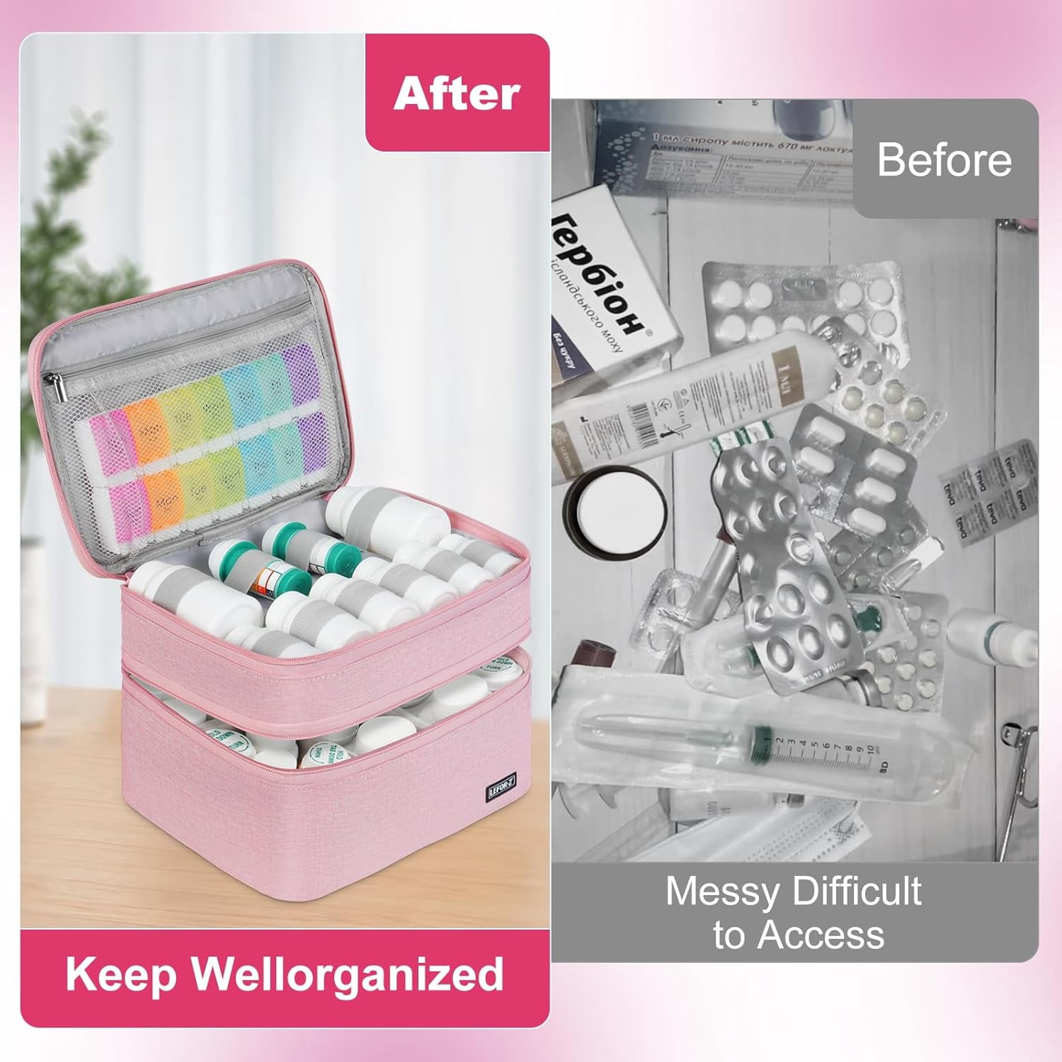 Medicine Storage Bag,Double Layers Pill Bottle Organizer Bag Empty with Lockable Zipper&Adjustable Divider,Medication Travel Carrying Bag for Pills,Vitamins,Medical Supplies