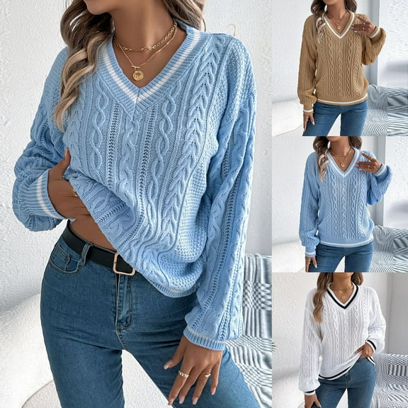 Drindf Women's Cable Knit Sweater Tops Trendy V Neck Shirts Casual Lantern Long Sleeve Pullover Sweater Cozy Soft Jumper Tops