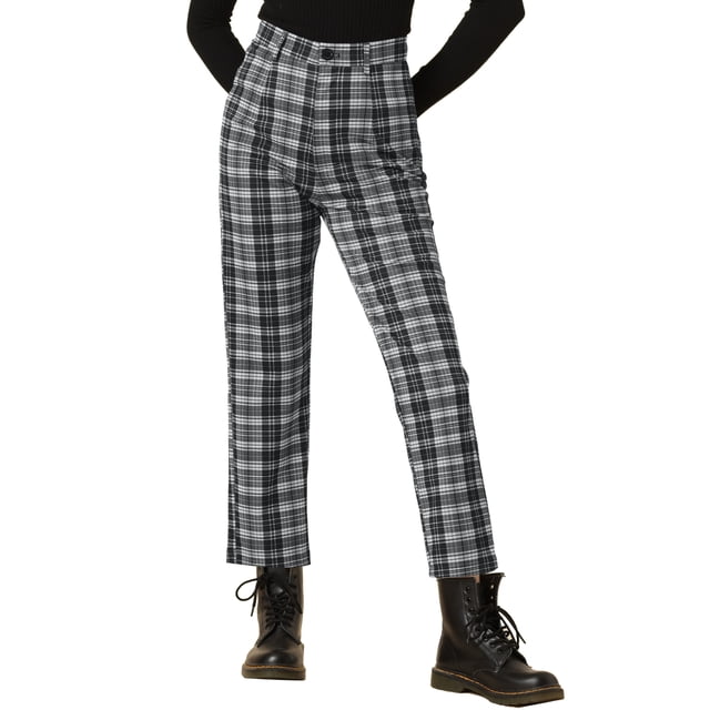 Pantalones de trabajo de cuadros recortados para mujer INSPIRE CHIC, con botones, talla XL, en blanco y negro