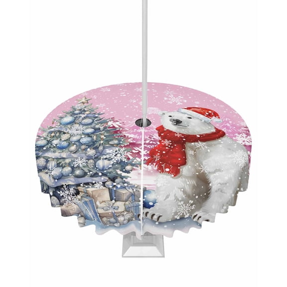 Boanket Outdoor Tablecloth with Umbrella Hole for Patio/Picnic/Party/Camping, Pink Bear Christmas Waterproof Table Cloth Round Cover Washable, Xmas Tree Snowflake (Dia 60")