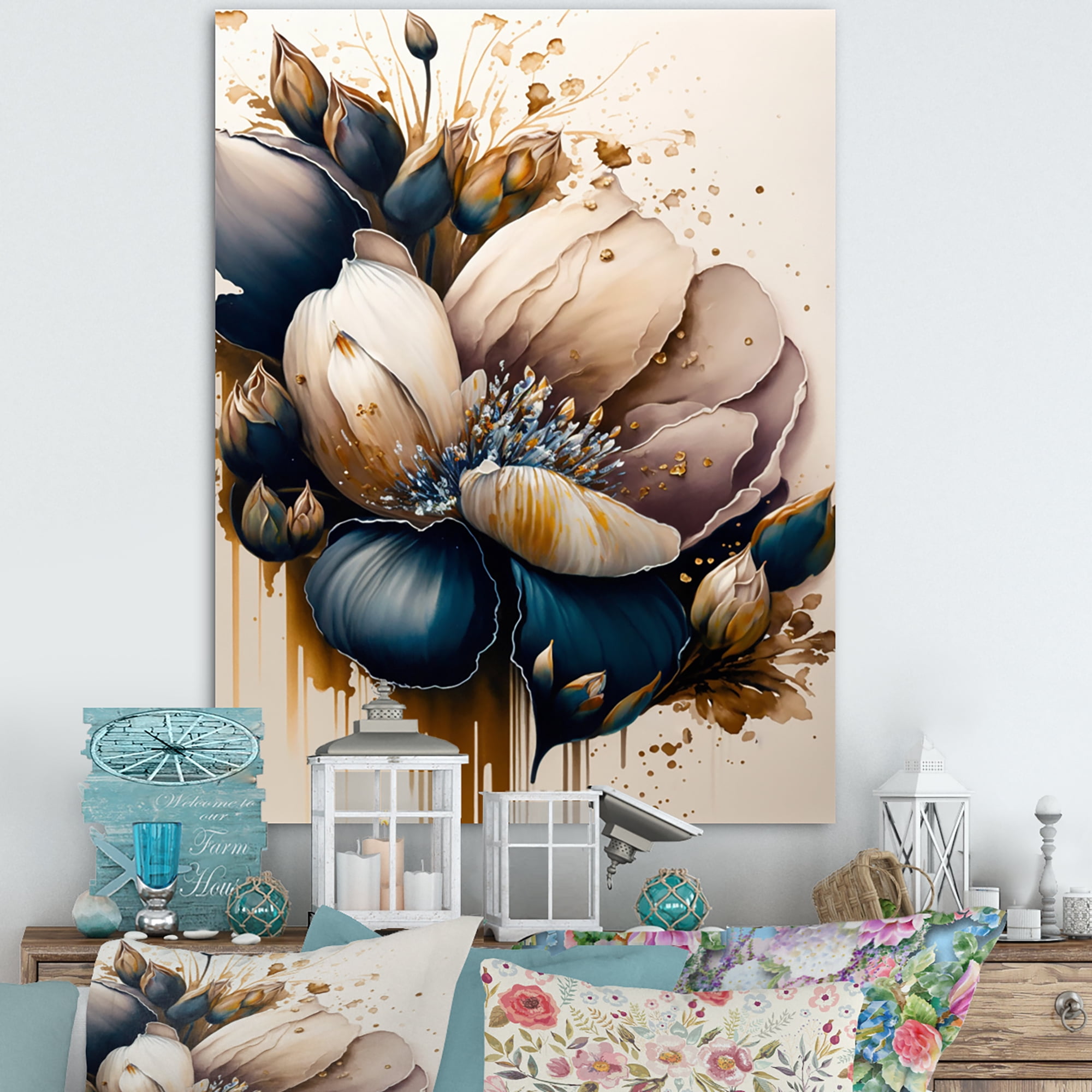 Designart Beige And Navy Blue Crocus Flower Canvas Wall Art
