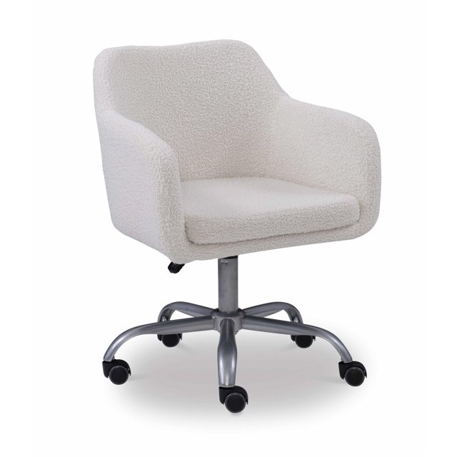 Linon Chaise de Bureau Rembourrée en Sherpa avec Roulettes, Base en Acier Colton, Naturel