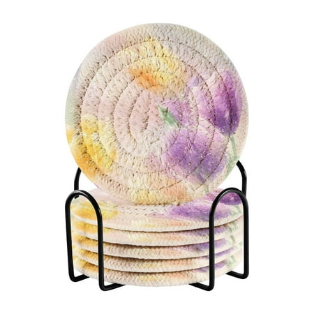 

6 Pcs Drink Coasters with Holder Absorbent Coasters Minimalist Home Decor Coaster Set Stylish Handmade Round Woven Coaster for Drinks Table Desk Protection Abstract Watercolor Painting Of Tulips