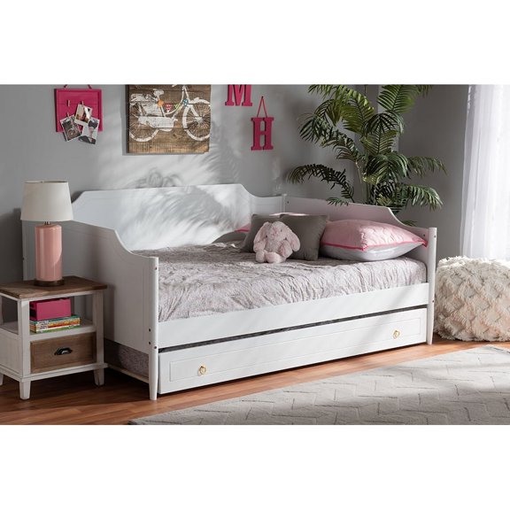 Baxton Studio Alya Classic Traditional Farmhouse White Finished Wood Full Size Daybed with Roll-Out Trundle Bed