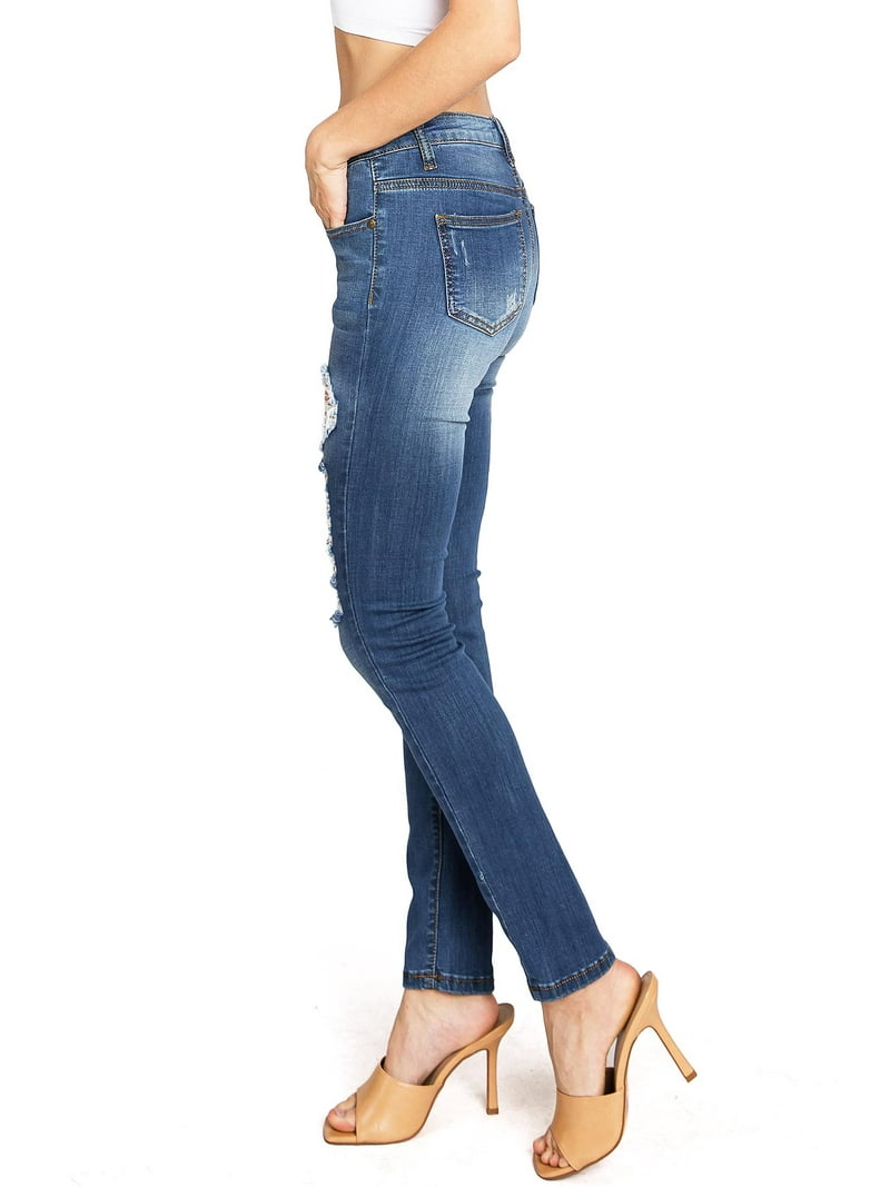 Machine Women's Juniors Mid Waist Distressed Skinny Jeans (9