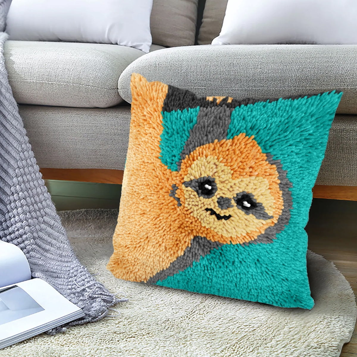 Sloth Latch Hook Kits DIY Throw Pillow Cover Crochet Crafts for Beginner Kids and Adults Handmade Crafts Festival Birthday Gift, 17"x 17"