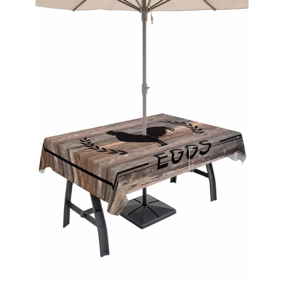 Outdoor Tablecloth with Umbrella Hole for Patio/Picnic/Party/Camping, Farm Chicken Waterproof Table Cloth Rectangle Table Cover Washable, Country Retro Animals Leaves Wooden Plank (54"x 80")