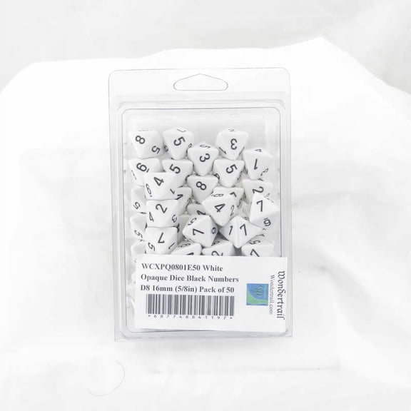 White Opaque Dice with Black Numbers D8 Aprox 16mm (5/8in) Pack of 50 Wondertrail