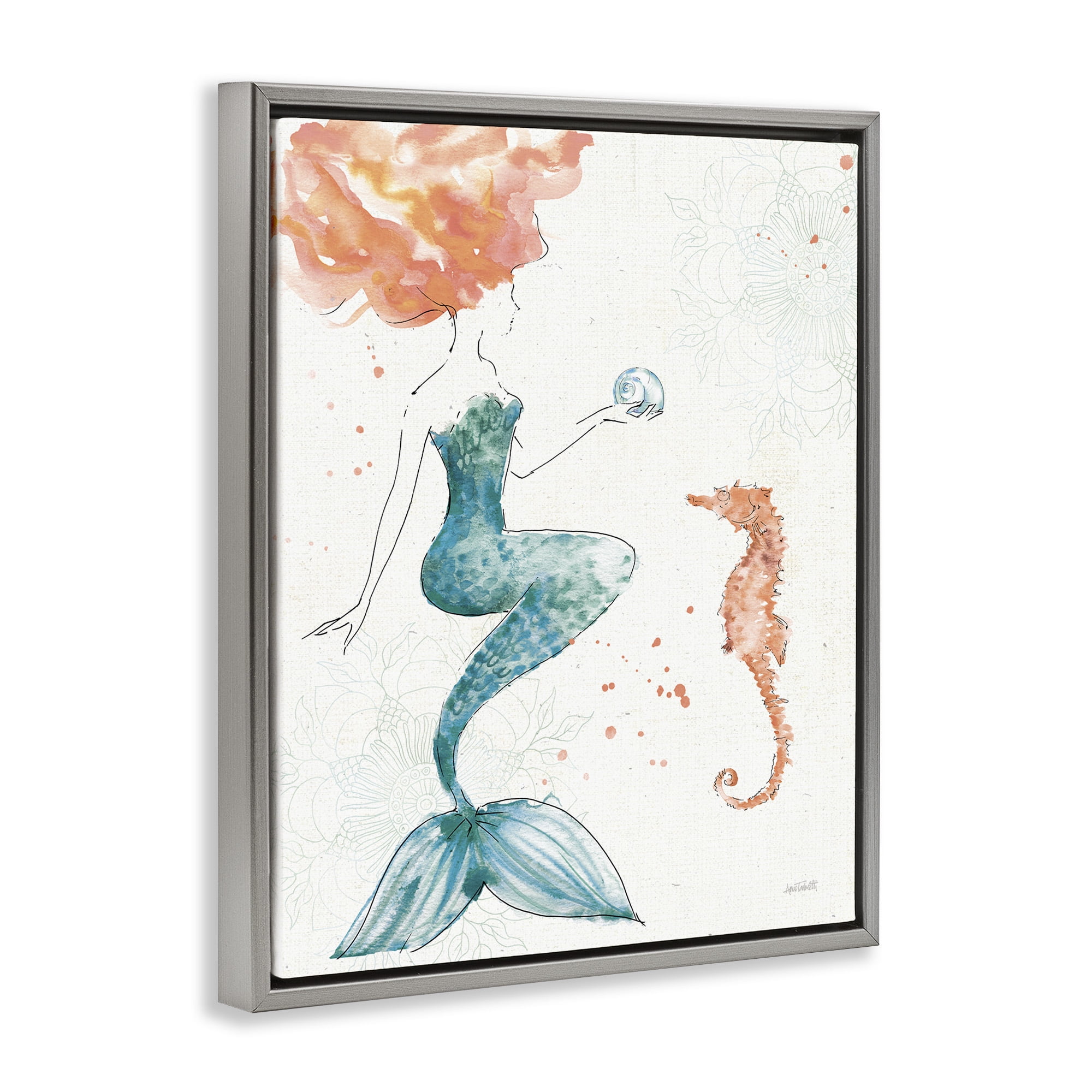 Stupell Industries Mermaid and Ocean Seahorse Graphic Art Luster Gray Floating Framed Canvas Print Wall Art, Design by Anne Tavoletti