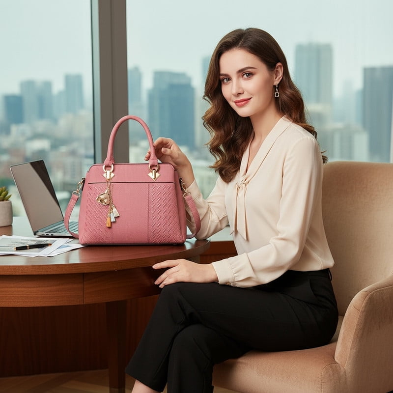 Classic Tote Handbag for Women, PU Leather Satchel with Top Handles,Multiple Pockets, 12.2×5.5×9.1 in, Detachable Crossbody Strap, Lightweight Work/Weekend Bag Ladies Purse(Pink)
