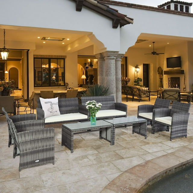 Costway Ensemble de Mobilier de Terrasse en Rotin 8 Pcs, Conversation, Dessus de Table en Verre, Sofa Coussiné