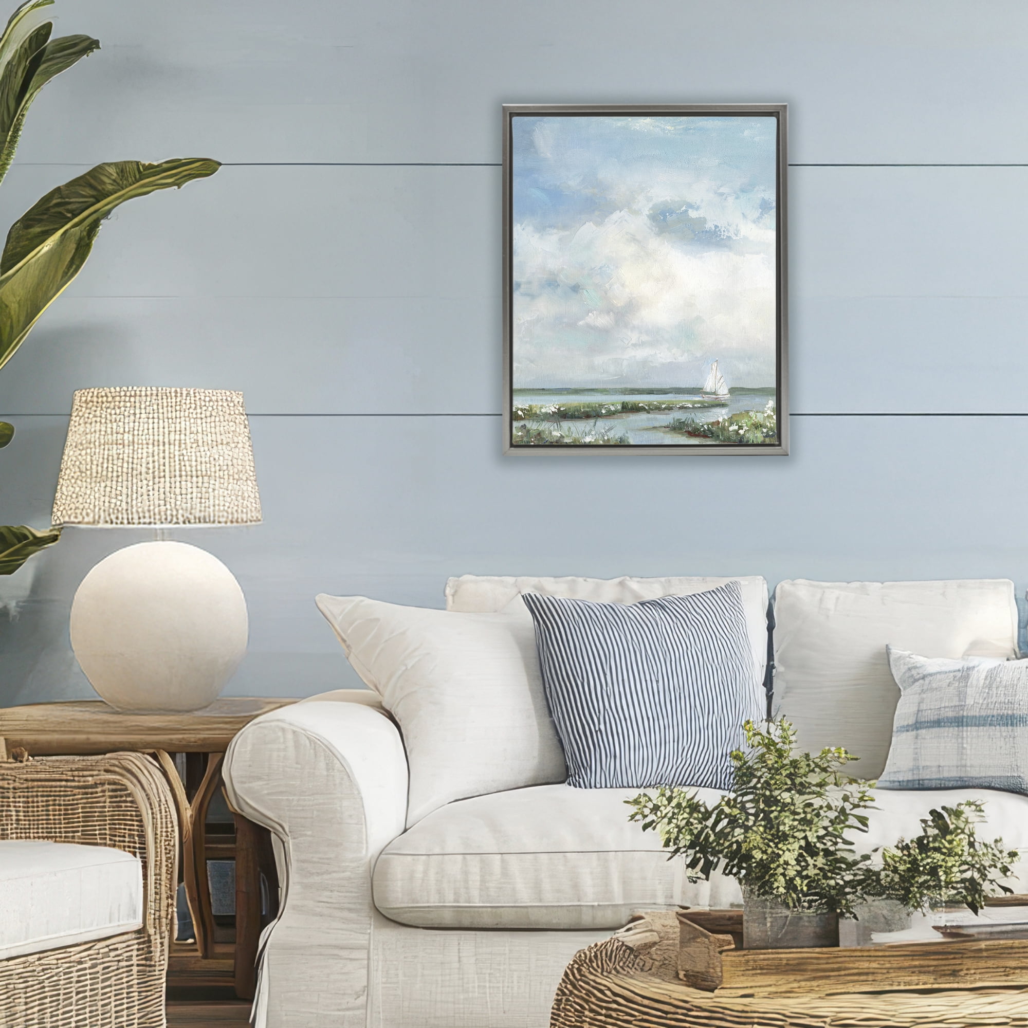 Stupell Industries Sailboat On Summer Marsh Gray Framed Floater Canvas Wall Art, design by Sally Swatland