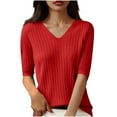 thumbnail image 2 of ALLLIST Women's Tops Ribbed V Neck Elbow-Length T-Shirts Casual Plain Red Shirts Womens Clothing, 2 of 3