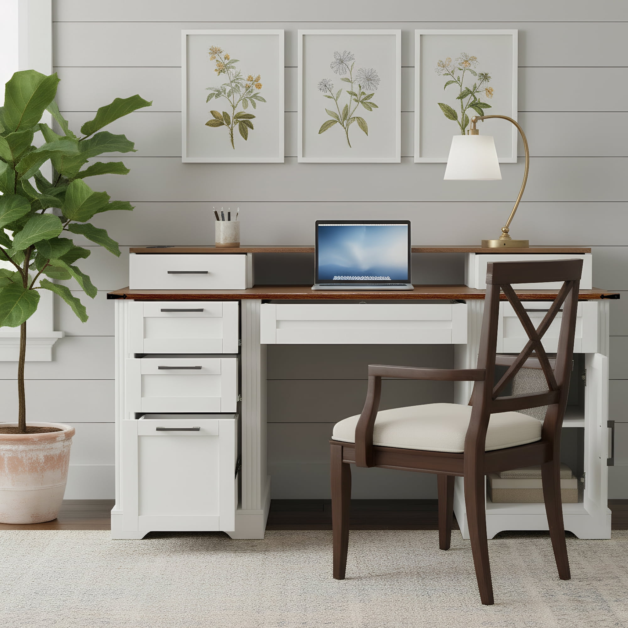 Mintazer 59" Farmhouse Office Desk with Charging Station & Storage Drawers, Computer Writing Desk with Monitor Stand & Keyboard Tray and File Cabinet for Study Living Room Home Office, White