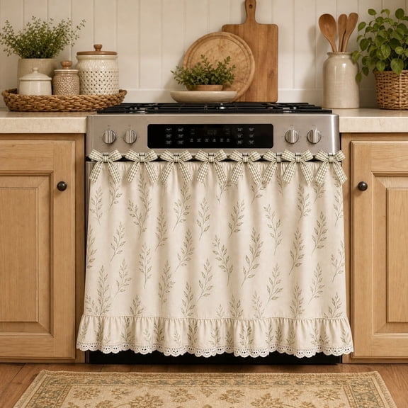 Farmhouse Floral Oven Curtain, Ruffle Trim with Ribbon Ties, Decorative Stove & Cabinet Dust Cover, Rustic Style Kitchen Decor for Cottage Home