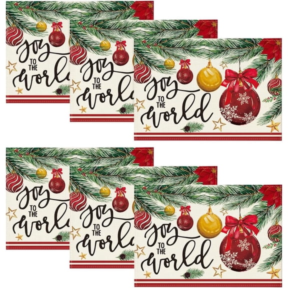 Xmas Red Balls Christmas Placemats Set of 6, 12x18 Inch Seasonal Winter Joy to The World Table Mats for Party Kitchen Dining Decoration