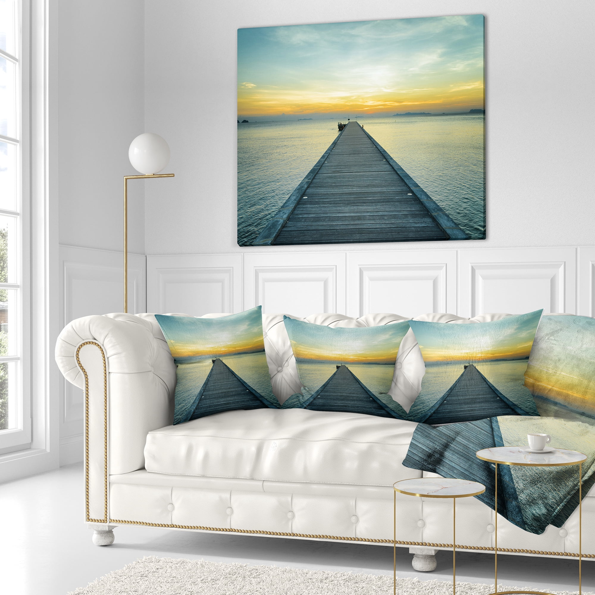 Designart Wood Pier into the Yellow Blue Sea - Wooden Sea Bridge Throw Pillow - 18x18