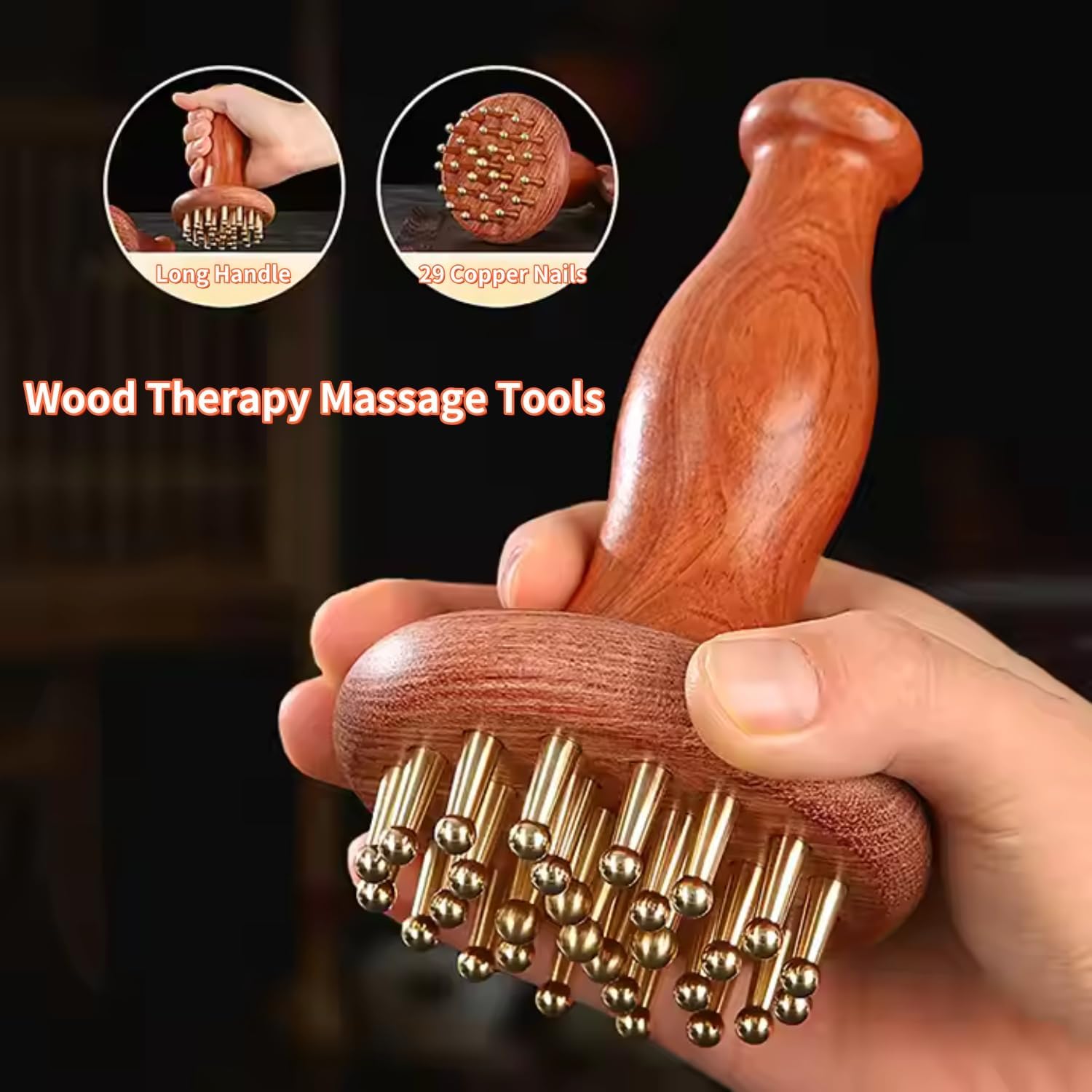 ABPETE Wood Therapy Massage Tools 29-Teeth Copper Head Massager, Home SPA Body Relaxing and Stress Relief Handheld Massager, for Legs, Arms, Neck, Shoulder