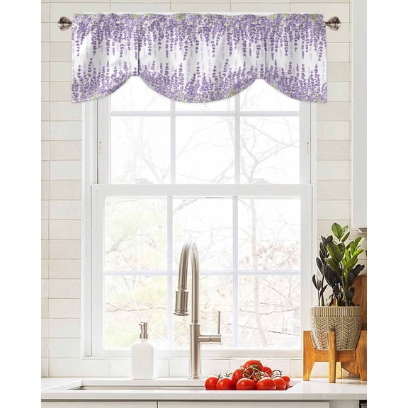 Tie Up Valance Curtain for Kitchen,Farm Lavender Gradient Purple Rod Pocket Short Curtains Adjustable Tie-Up Shade Valances,Watercolor Herb Wild Flower Window Treatment for Bathroom Living Room