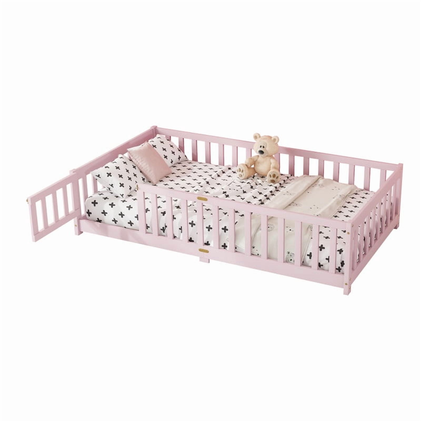 Mirightone Twin Size Floor Bed , Wood Montessori Floor Beds with Fence Railings, Door & Slats Support, Twin Playhouse Bed Frame, (Pink)