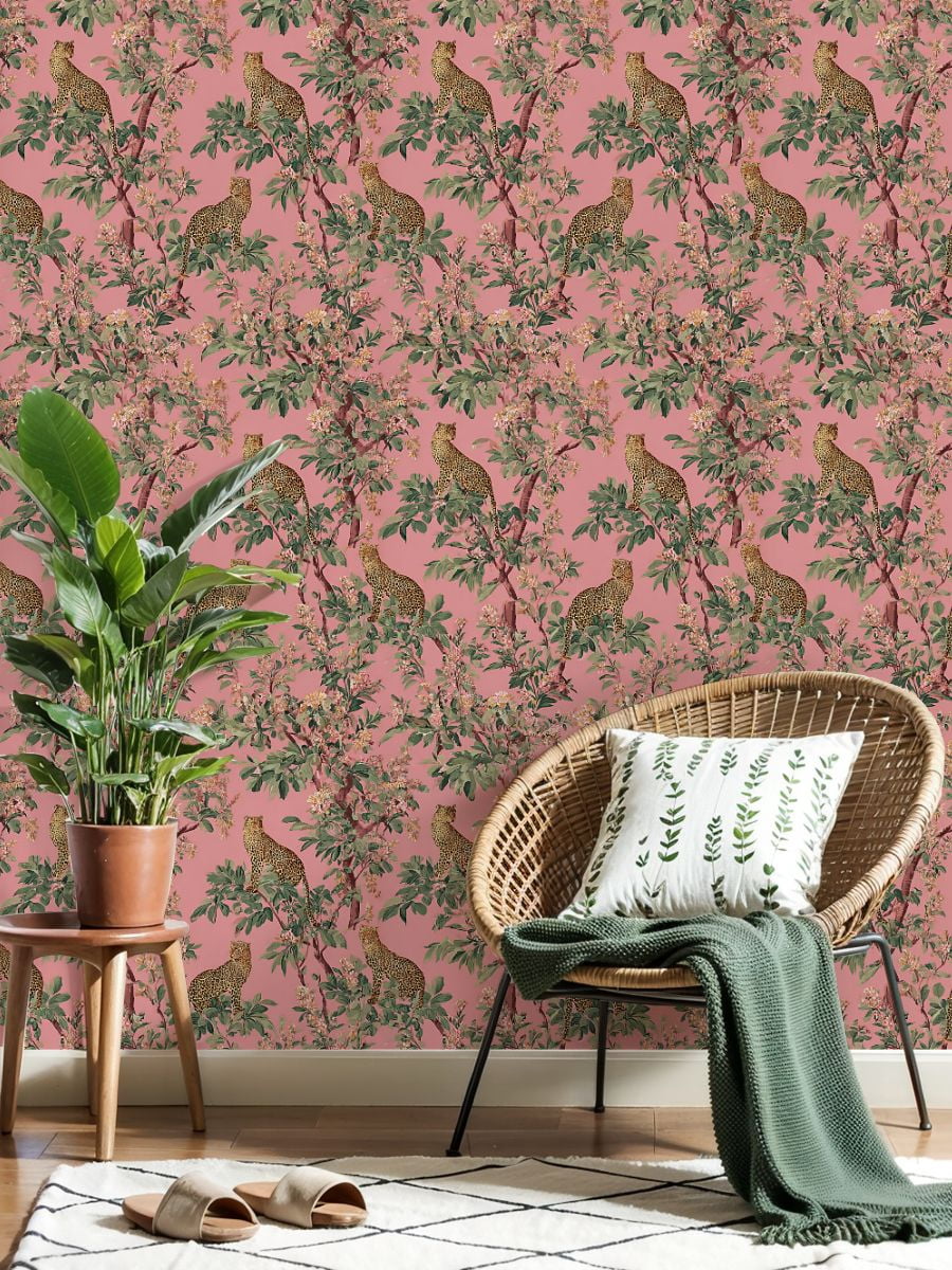 Peel and Stick Wallpaper Leopard Print Floral Pink Wall Mural 23.6in x 9.8ft Self Adhesive Removable Wall Paper Renter Friendly Wallpaper for Nursery Bedroom Cabinets
