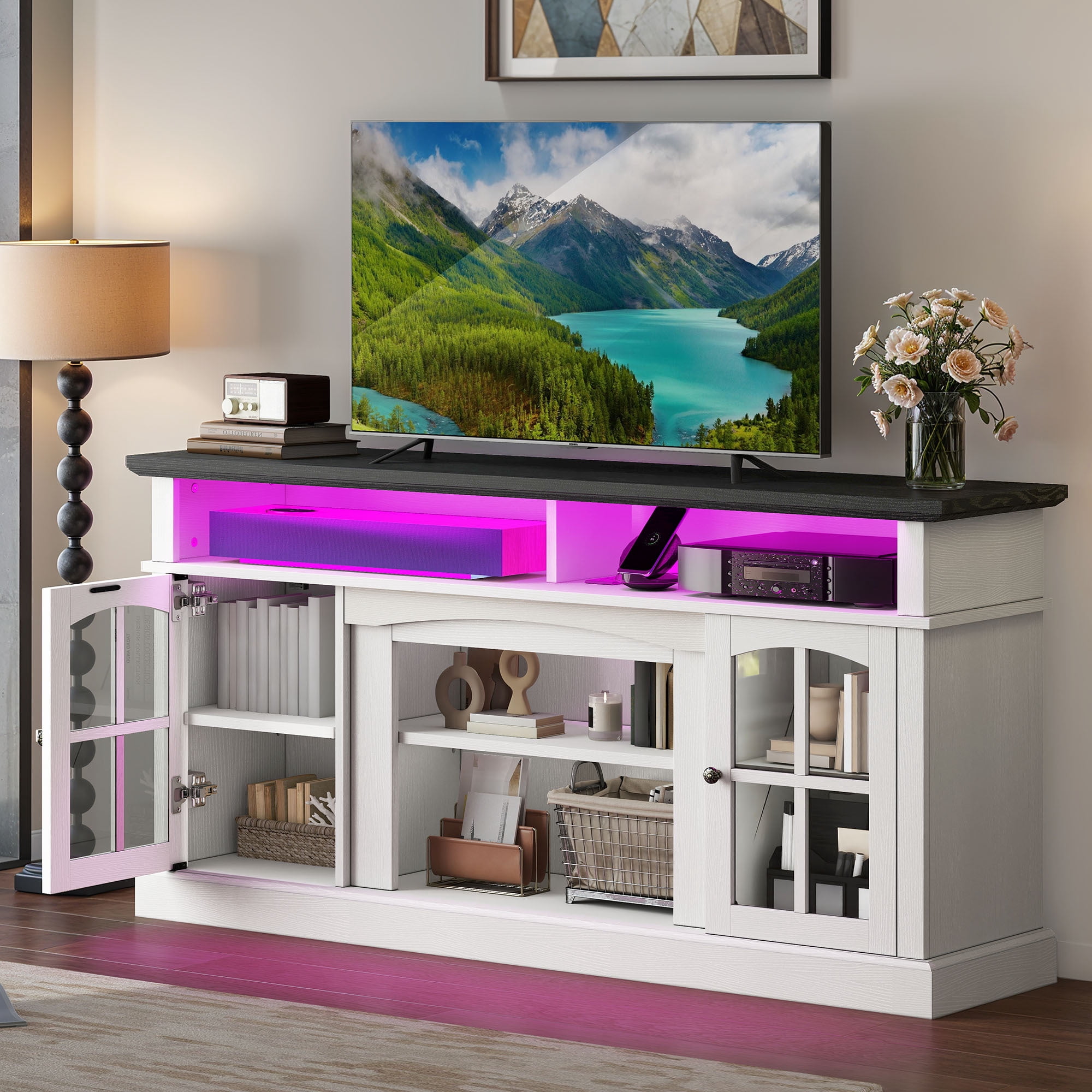 Uforic 66" Farmhouse TV Stand with LED Lights & Power Outlets, Tempered Glass Doors, Adjustable Shelves for Living Room for 75" TV, White
