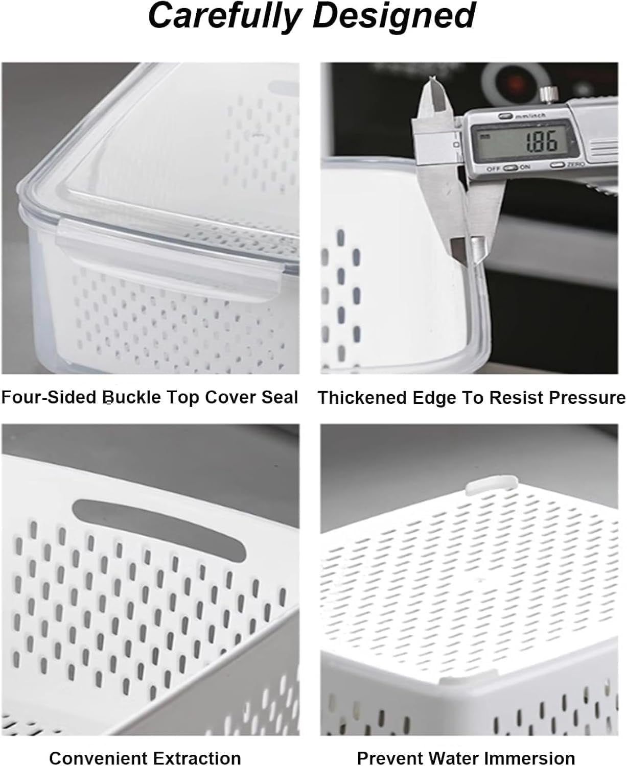 4-in-1 Fruit Storage Containers for Fridge, Transparent Plastic Food Box with Removable Drain Basket, Airtight Produce Keeper for Vegetables & Berries