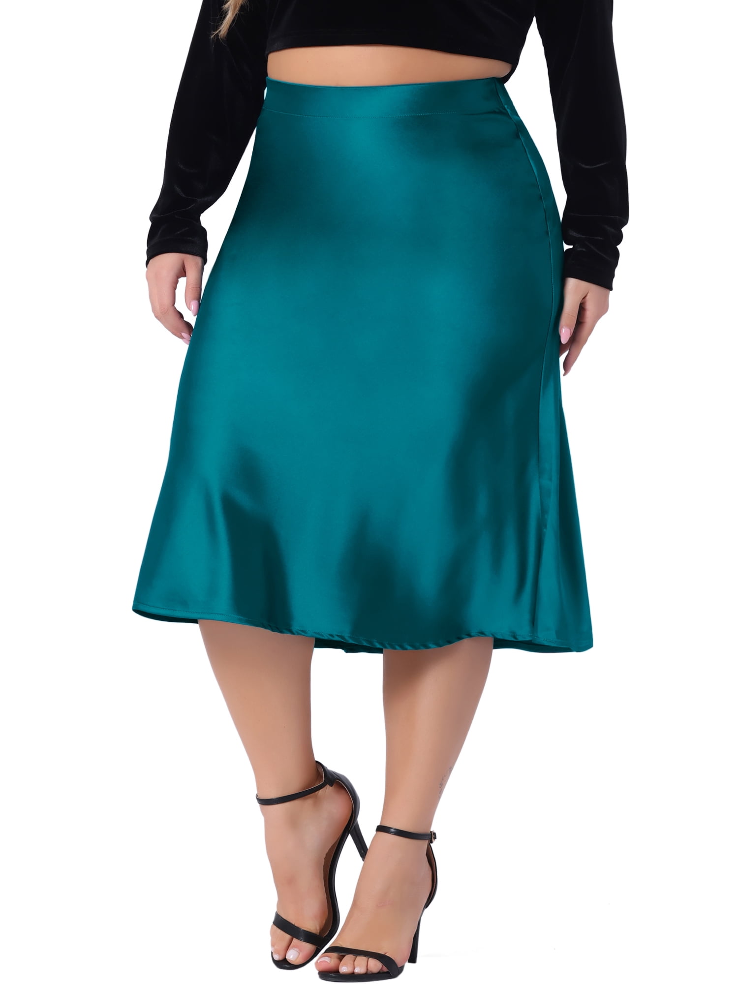 DARING DIVA Women's Plus Silky Satin Casual Midi Skirt Flared A Line 3X Peacock Blue