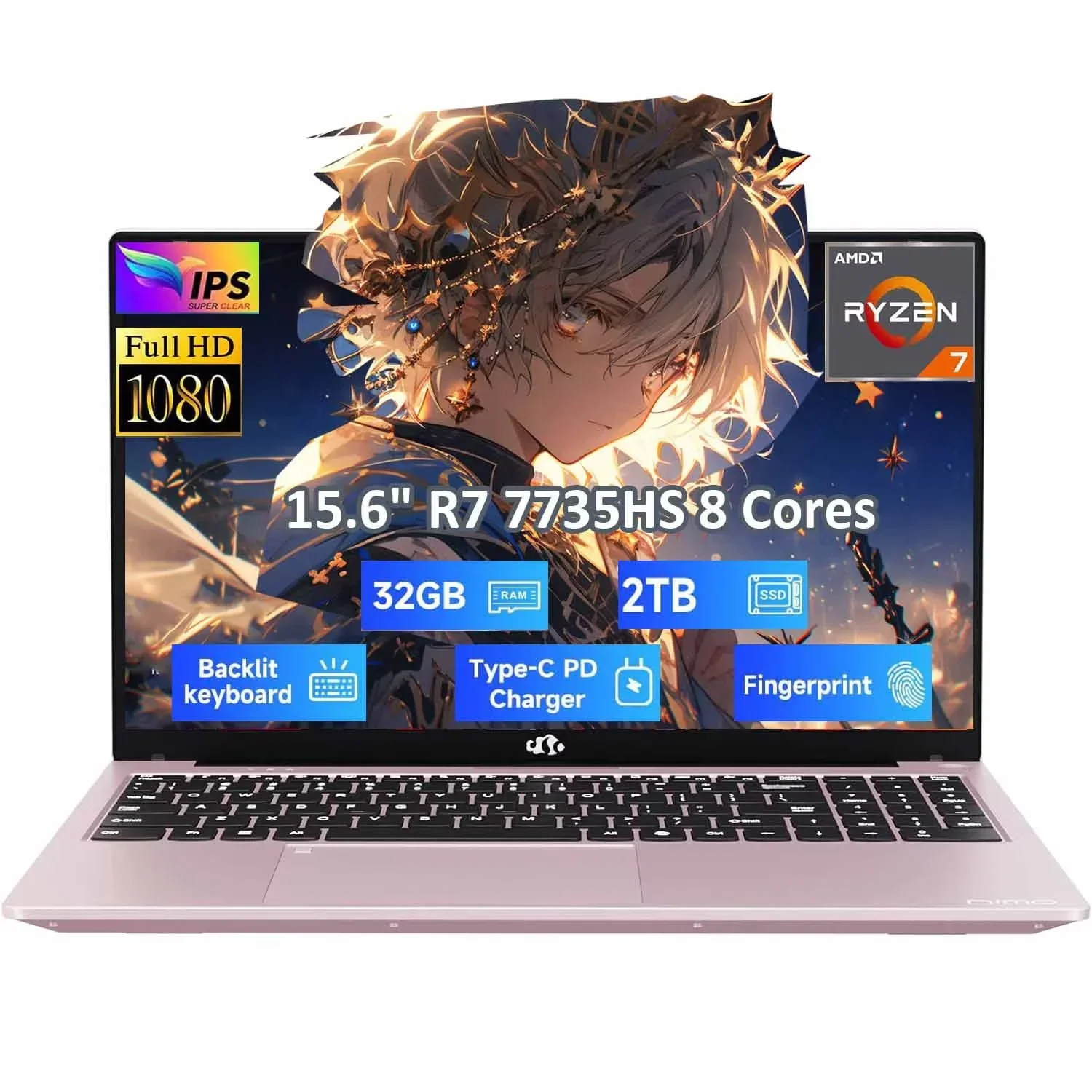 15.6" IPS FHD Gaming-Laptop, AMD 8 Cores Ryzen 7 7735HS 32GB DDR5 RAM 2TB SSD (Beats i7-12650H, Up to 4.75GHz) Computer with Radeon 680M 101W Type-C Backlit Keyboard Fingerprint Unlock, Black