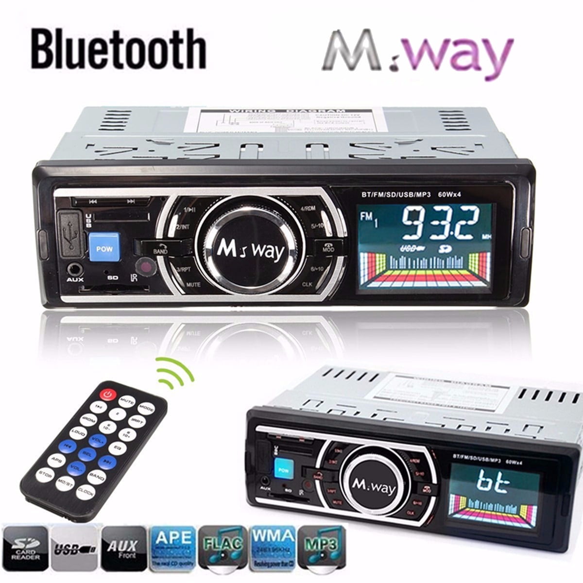 M.way LCD 60W*4 Channels h Car Stereo Audio Receiver In-Dash Car FM AM Radio Car MP3 Music Player Hand Free Calls Single Din USB/SD/AUX with Microphone Wireless Remote