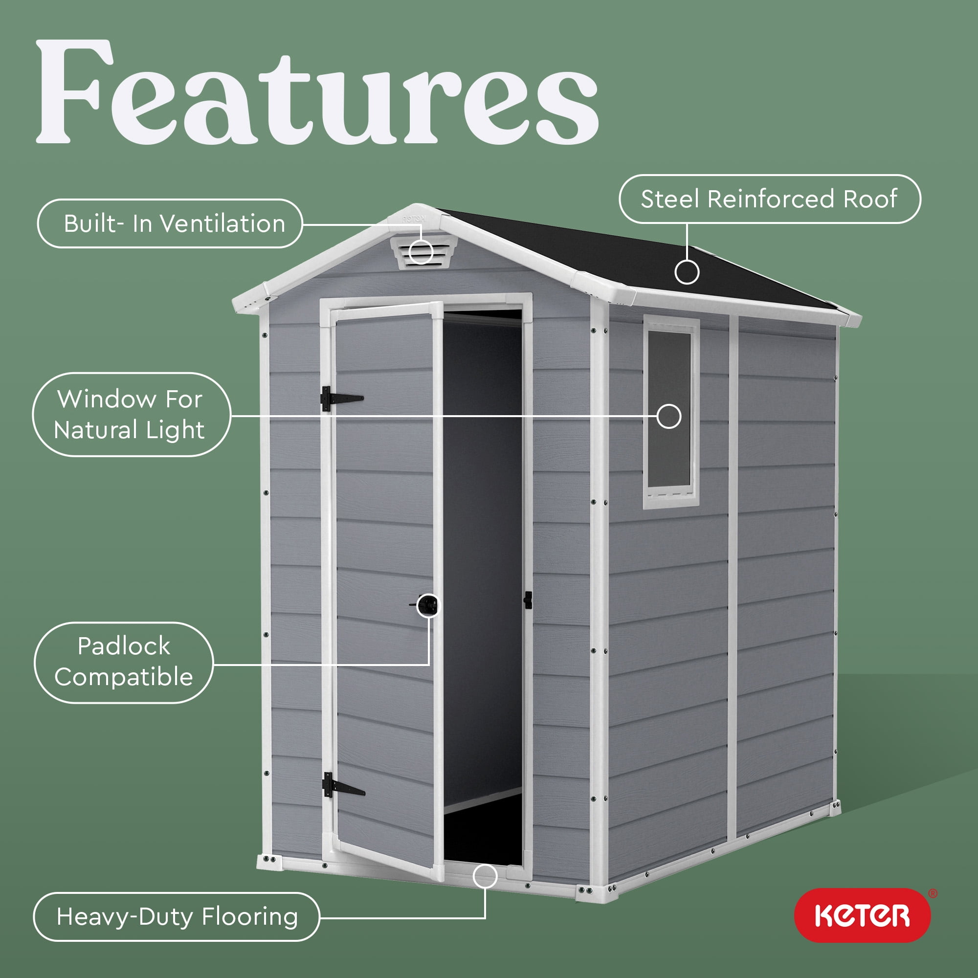 Keter Manor 4' x 6' Resin Storage Shed, All-Weather Plastic Outdoor Storage, Gray/White