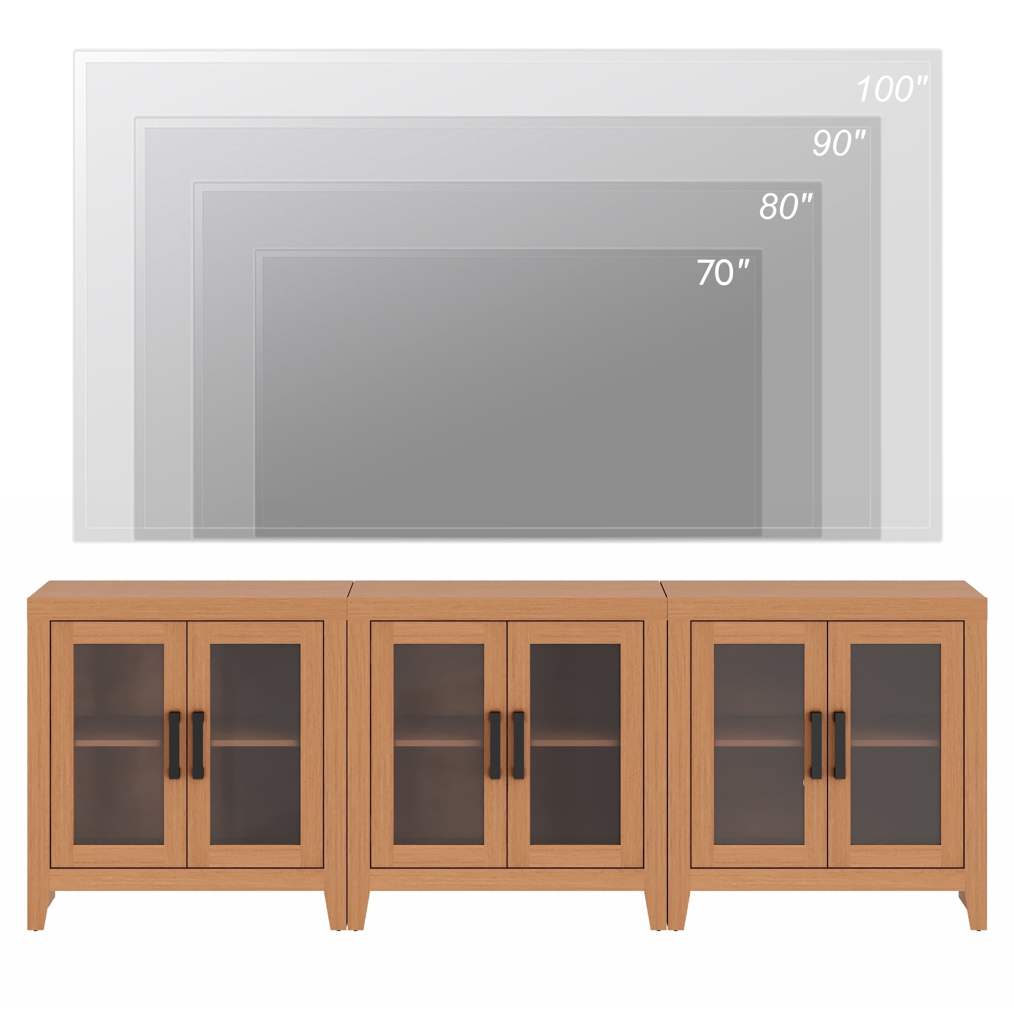 WAMPAT Modern Farmhouse TV Stand up to 100"TV, Entertainment Center with Tempered Glass Doors & Adjustable Shelves, Mocha