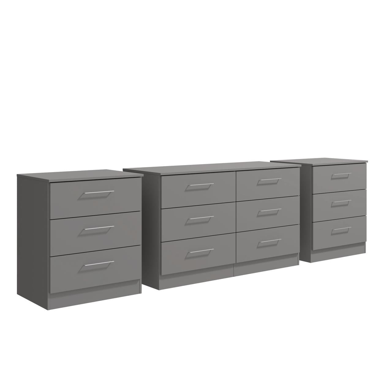 Kappesberg Foster Gray 50.3"W 6-Drawer Dresser and Two 3-Drawer Chests Bedroom Set - for Adults and Teens