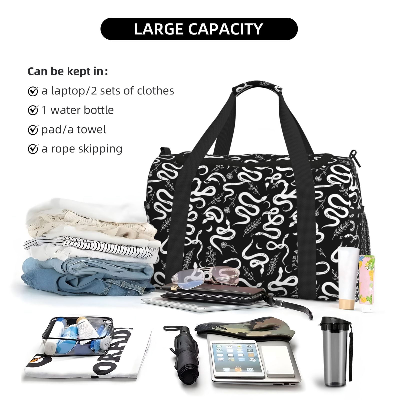 Fuzoiu Hand Drawn Snake Print Travel Duffle Bag,Carry On Tote Bags,Duffel Bag,Sport Gym Bag, Hospital Bag for Labor and Delivery, Overnight Bag,Luggage Bag