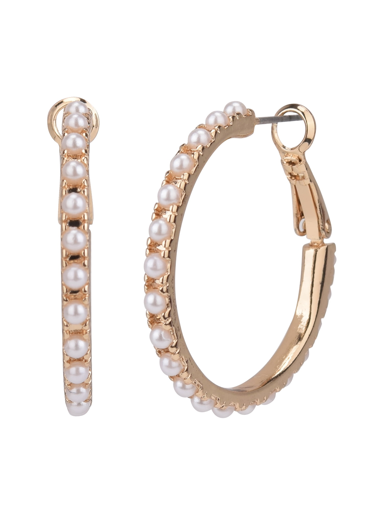 Time And Tru Women's Gold Faux Pearl Bead Hoop Earring