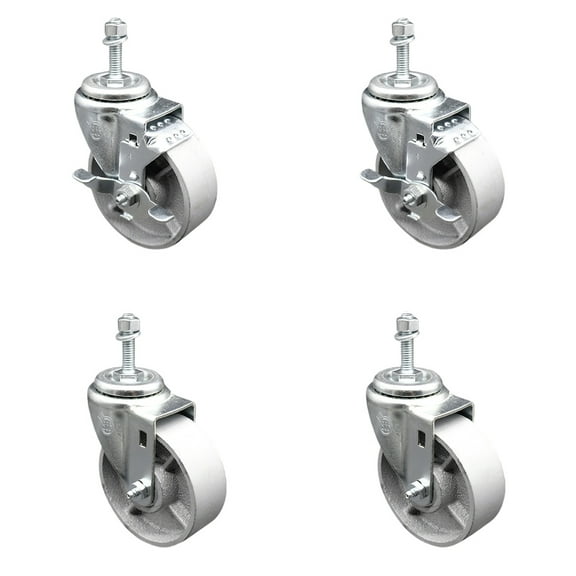 Semi Steel Swivel TS Caster Set 4 -4" Wheels&3/8" Stems-2 w/BRK