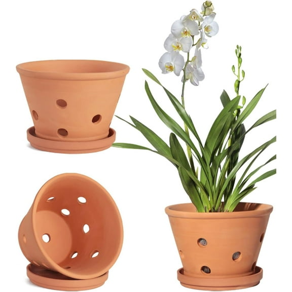 Terracotta Orchid Pots with Holes and Saucers - Clay Orchid Planter Pots for Repotting, Plant Flower Pots for Orchid Indoor and Outdoor Promotes Air Circulation