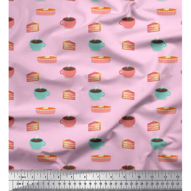 Soimoi Silk Fabric Cake Slice & Coffee Beverages Printed Craft Fabric by The Yard 42 Inch Wide