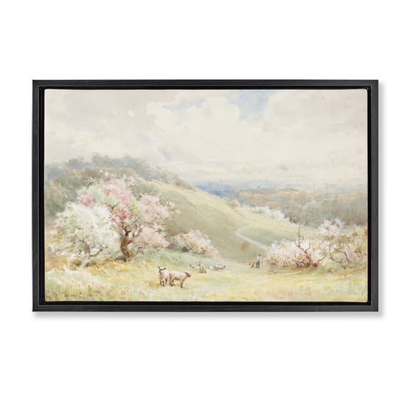 Stupell Industries Lambs Strolling Pastel Countryside Black Framed Floater Canvas Wall Art design by Lux   Me Designs, 17 x 25