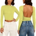 thumbnail image 5 of cocolona Womens Summer Backless Tops Crew Neck Long Sleeve Crop Slim Fit Shirts Going Out Casual Solid Color Blouses, 5 of 5