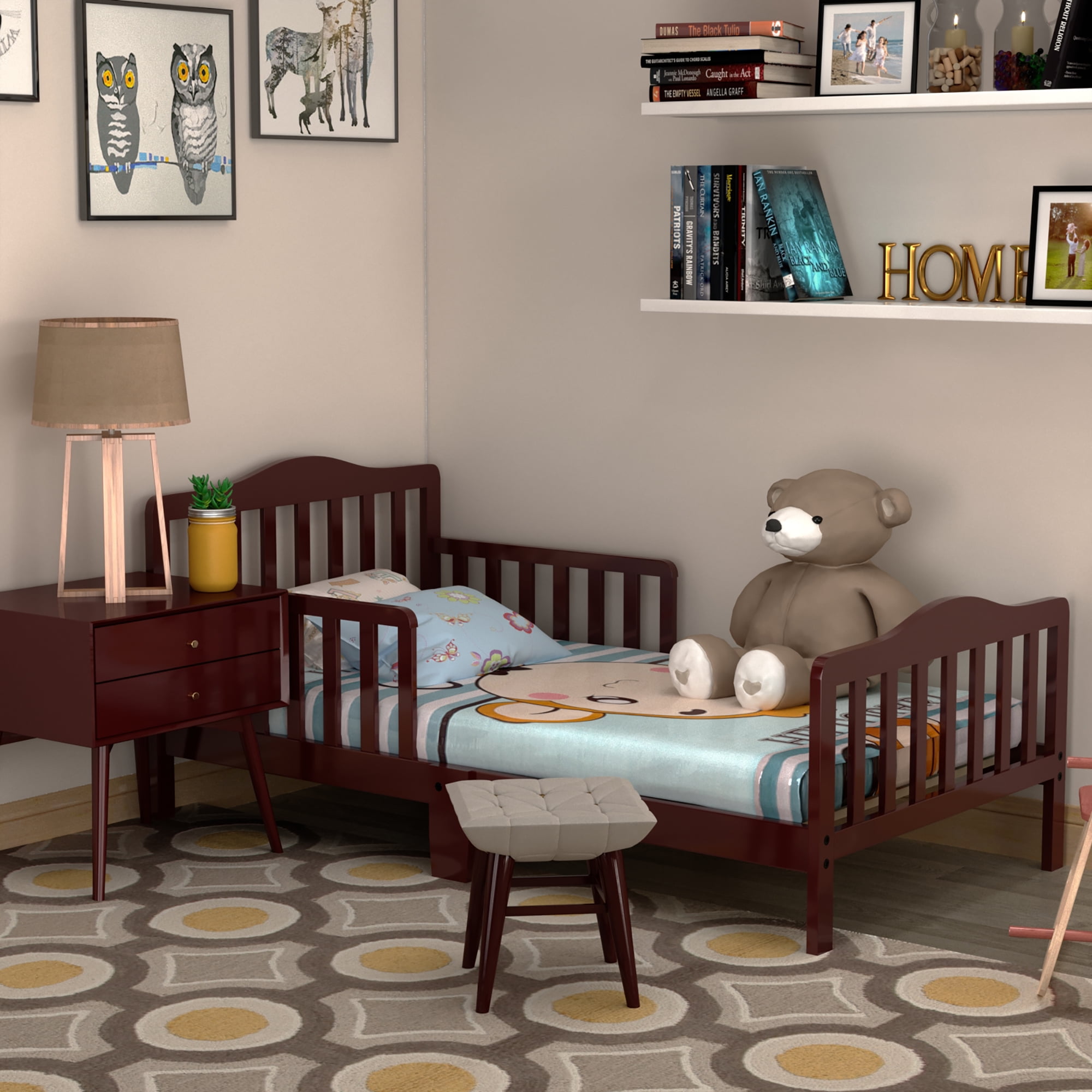 Costway Kids Toddler Wood Bed Bedroom Furniture w Guardrails