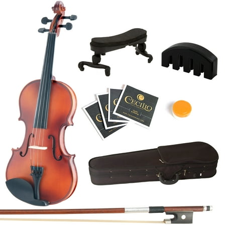 Mendini by Cecilio Size 1/2 MV300 Solid Wood Violin w/ Shoulder Rest, Extra Strings, Bow, 2 Bridges, Violin Mute & Case, Satin Antique