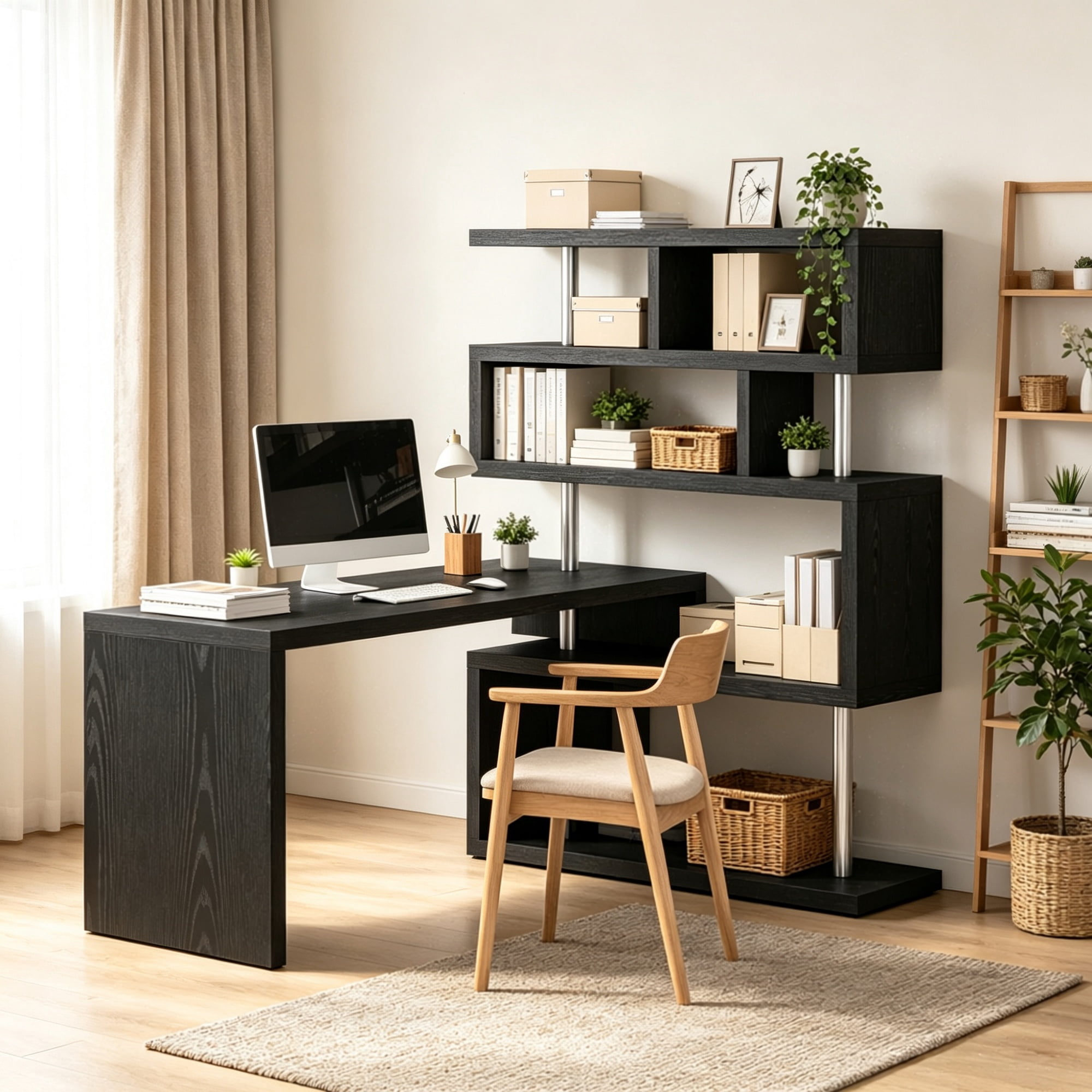 94" 5-Tier L-Shaped Computer Desk with Rotating Writing Table Corner Desk with Display Shelves And Stainless Steel Frame, Black