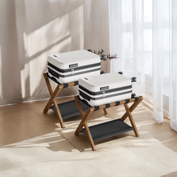 Set of 2 Luggage Rack with Storage Shelf, Suitcase Stands, Luggage Stand, Foldable for Easy Storage, Bamboo,Holds up to 131 lb, 26.38 x 18.5 x 20.12 inches