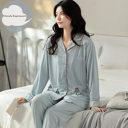 

QWZNDZGR Spring Autumn Brand Knitted Cotton Sleepwear Elegant Women Pajama Sets Sleep&Lounge Plaid Pajamas Women s Fashion Home Clothing