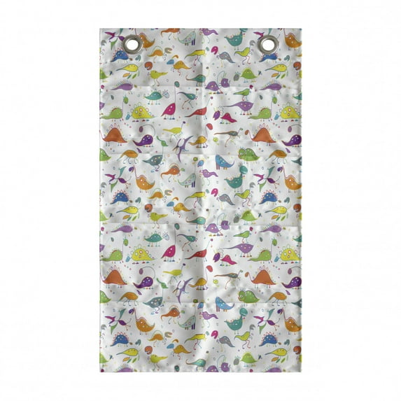 Funny Cartoon Hanging Pocket Organizer, Various Colors and Shapes of Dinosaur Motifs Doodle Animal Drawings, Printed Polyester Storage Bag with Pockets, 21" x 31", Multicolor